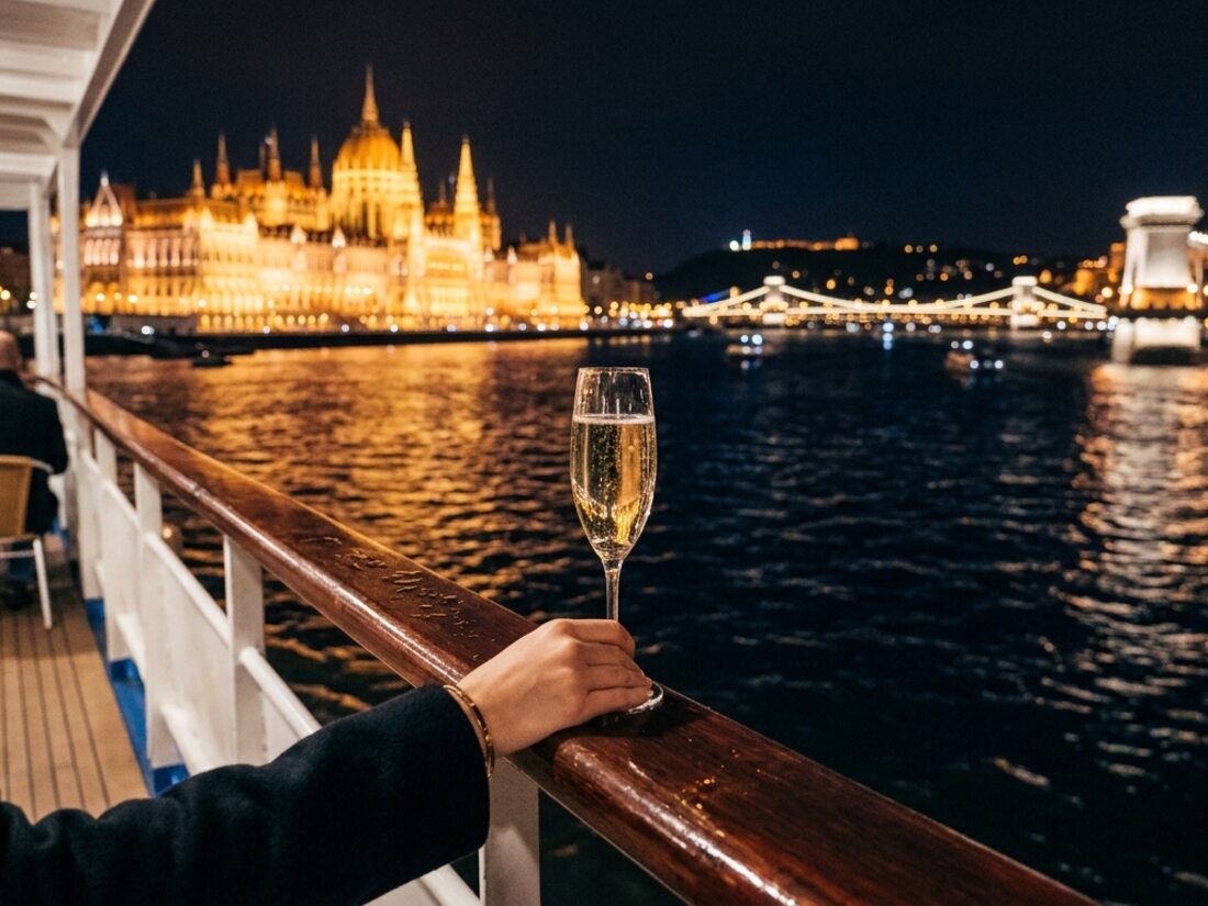 Illuminated Parliament and Chain Bridge seen from a Budapest night cruise